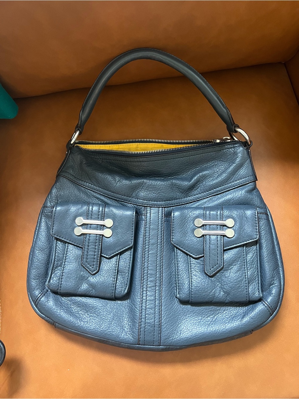 Vtg LAUREN RALPH LAUREN Purse Handbag Blue LEATHER Shoulder Bag Hobo